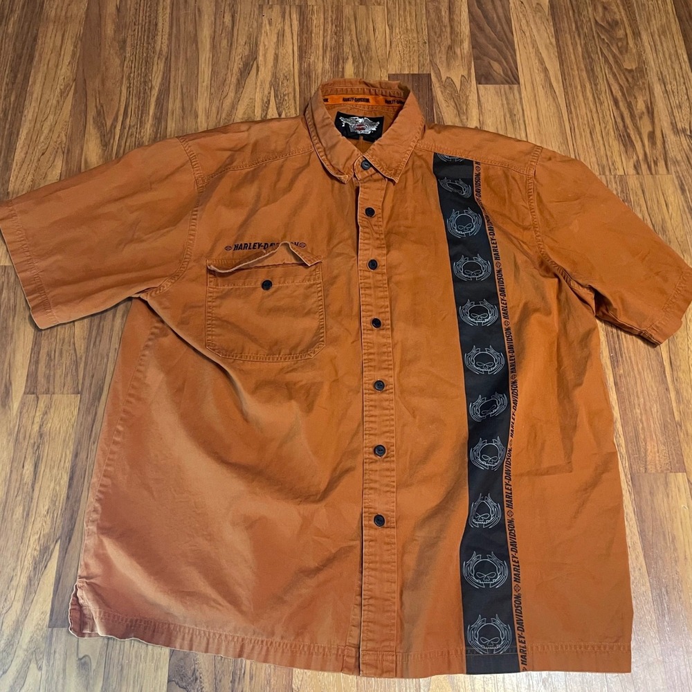 Harley-Davidson Mens XL Orange Willie G Skull Racing Stripe Button Shirt 2009